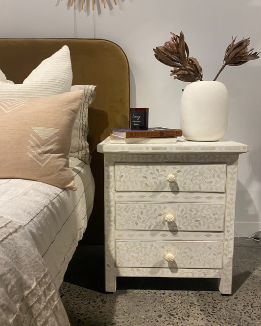 Bone Inlay 3 Drawer Bedside : Floral : White