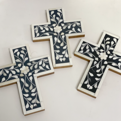 Bone Inlay Small Cross : Floral : Black