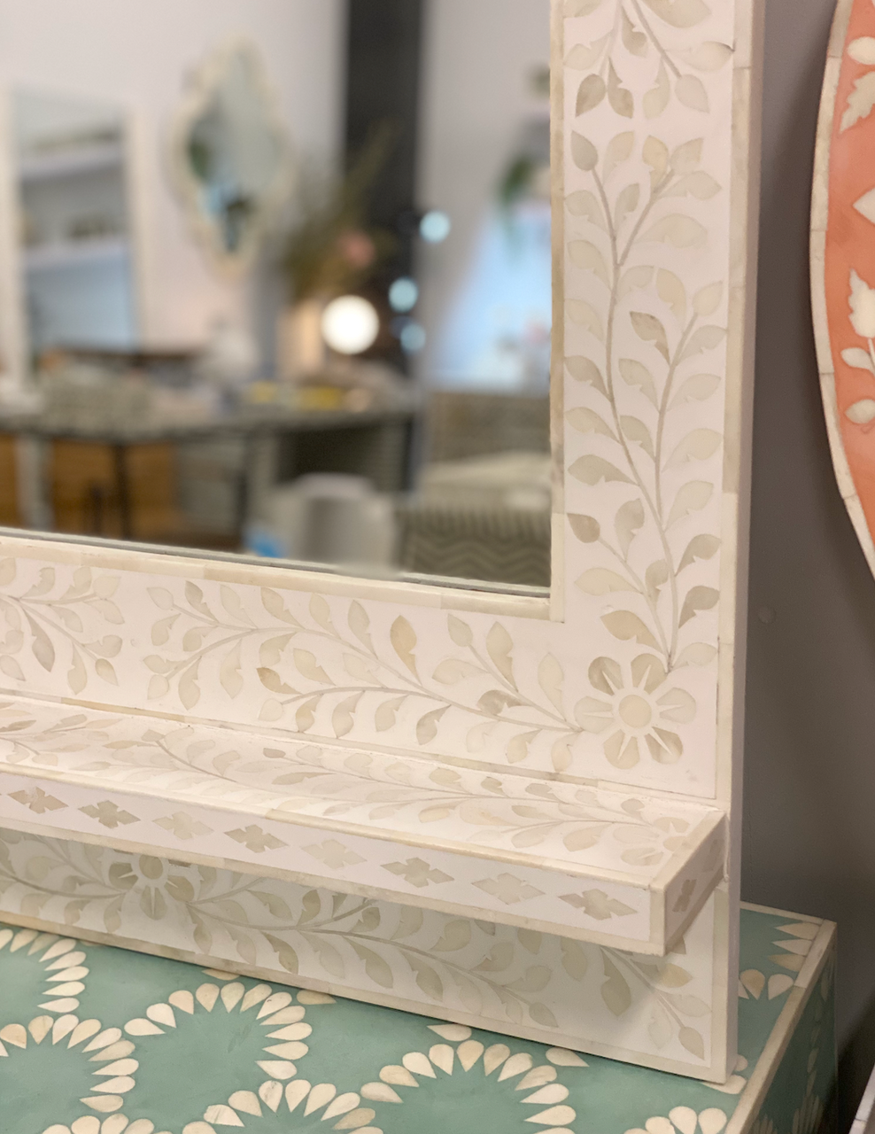 Bone Inlay Square Mirror With Ledge : Floral : White