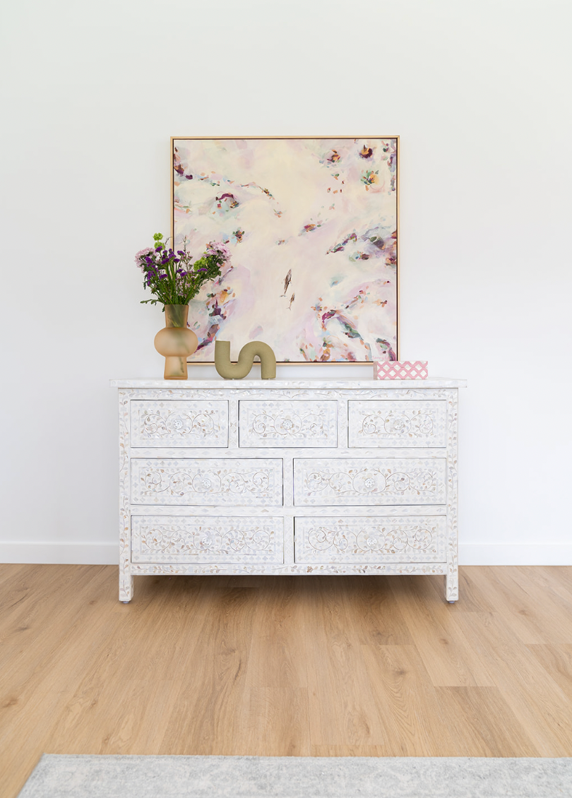 Mother of Pearl Inlay 7 Drawer Chest : Floral : White