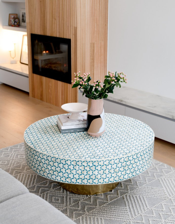 Bone Inlay Round Coffee Table : Tri-Square : Teal