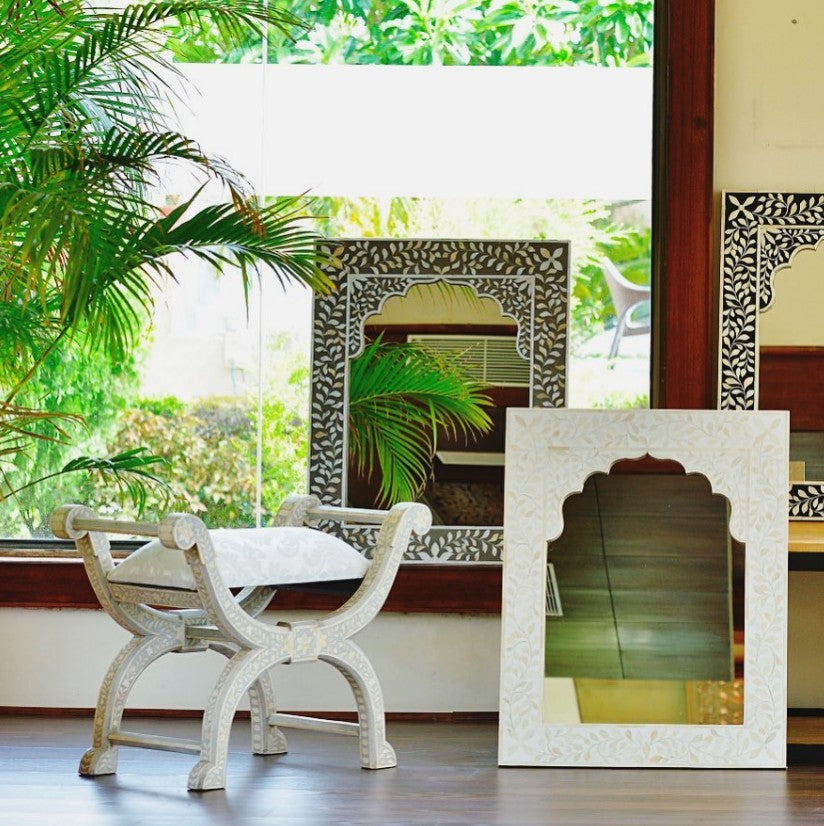 Bone Inlay Moghul Arch Mirror : Floral : Cream