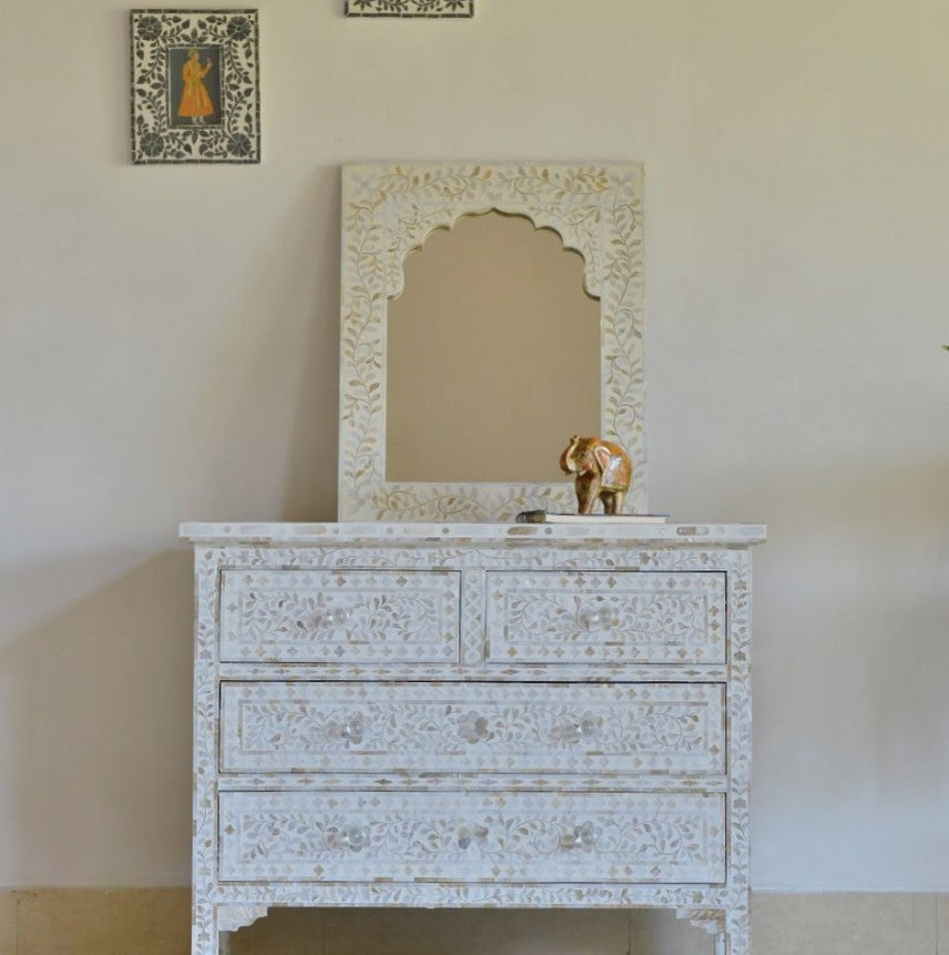 Bone Inlay Moghul Arch Mirror : Floral : Cream