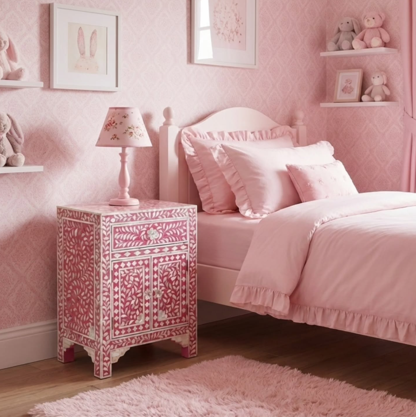 Mother of Pearl Inlay Bedside Cabinet : Floral : Fuchsia