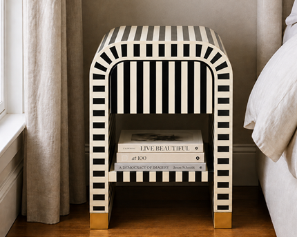 Bone Inlay Waterfall Side Table : Stripe : Black