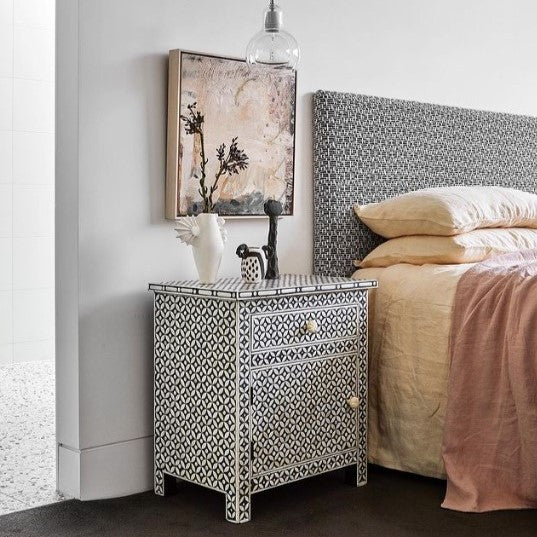 Bone Inlay Large Bedside Cabinet : Starburst : Black