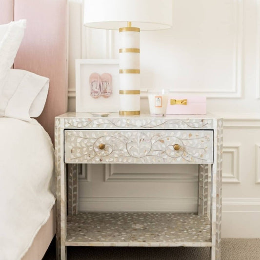 Mother of Pearl Inlay 1 Drawer Bedside Table : Floral : Grey
