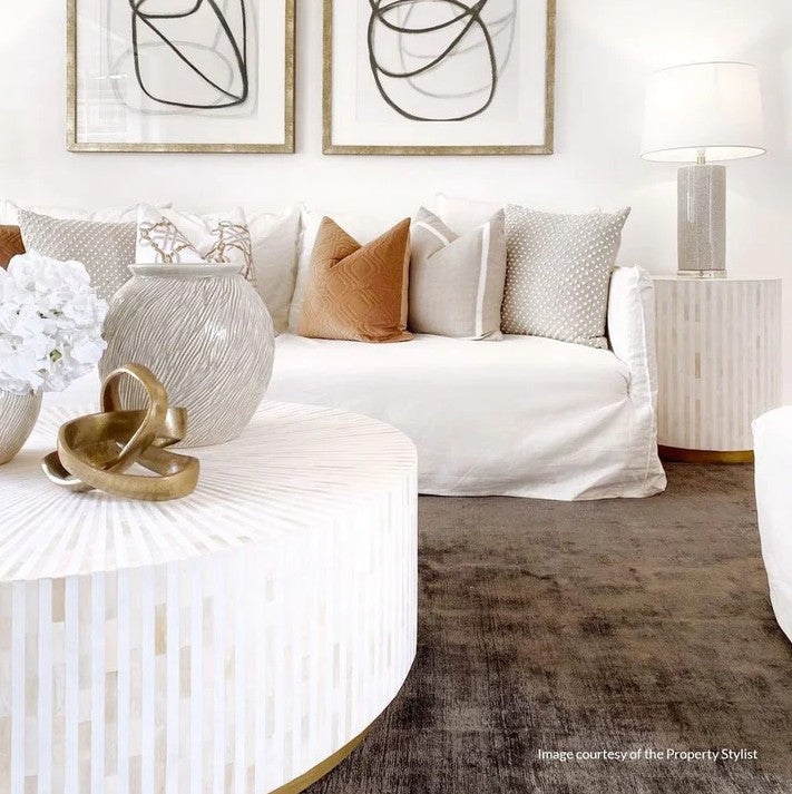 Bone Inlay Round Coffee Table : Stripe : White