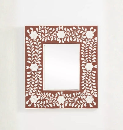 Bone Inlay Square Wall Mirror : Floral : Brown