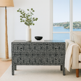 Decorative black and white patterned coffee table in a living room with a vase and plant.
