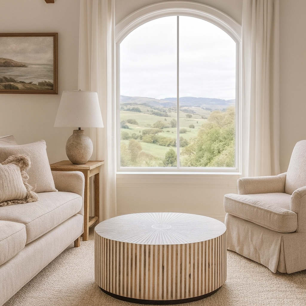 Bone & Timber Inlay Round Coffee Table (with castors)