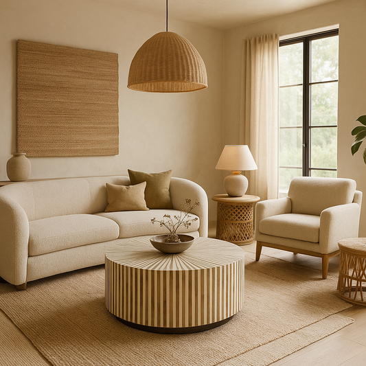 Bone & Timber Inlay Round Coffee Table (with castors)