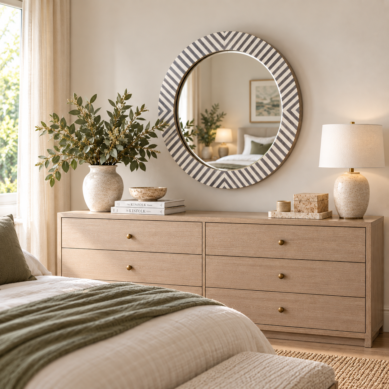 Bone Inlay Round Mirror : Herringbone : Grey
