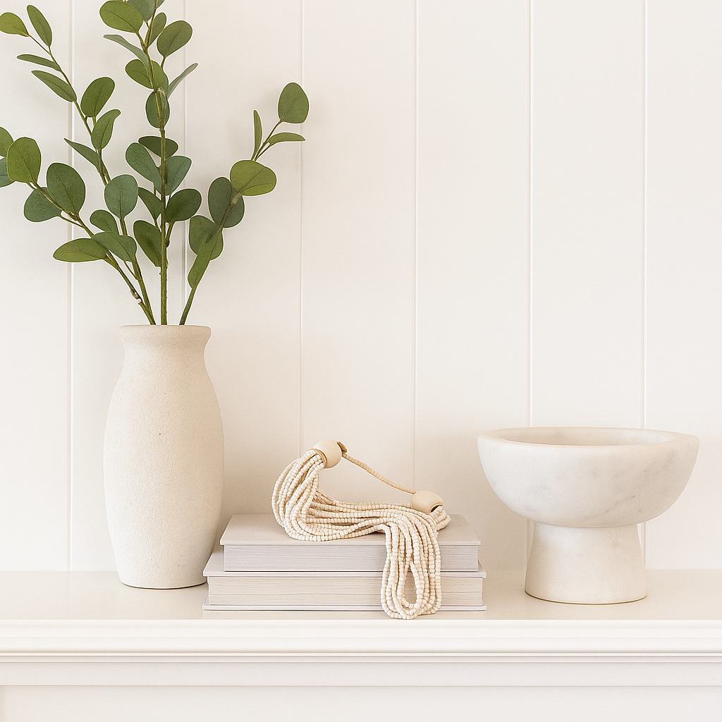 Decorative setup with a vase, books, and a bowl on a white surface against a white paneled wall.