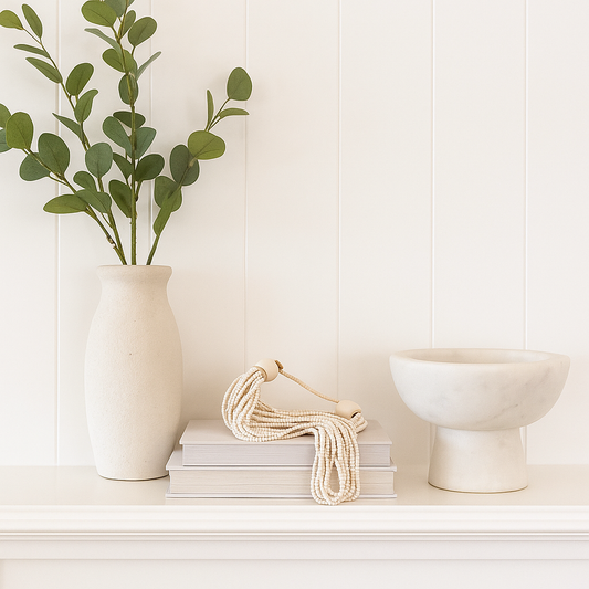 Decorative setup with a vase, books, and a bowl on a white surface against a white paneled wall.