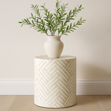 Decorative side table with a chevron pattern, white vase, and green plant against a plain wall.