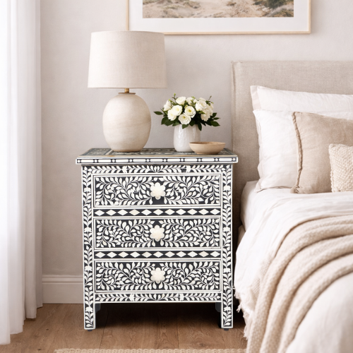 Bone Inlay 3 Drawer Bedside Chest : Floral : Black