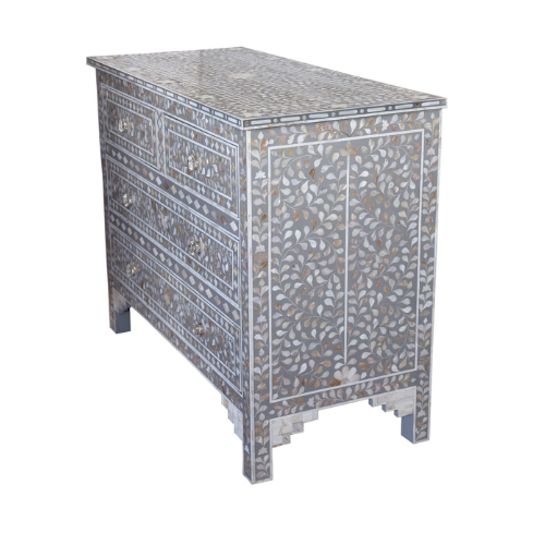 Mother of Pearl Inlay 4 Drawer Chest : Floral : Grey