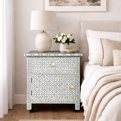 Bone Inlay Large Bedside Cabinet : Starburst : Grey