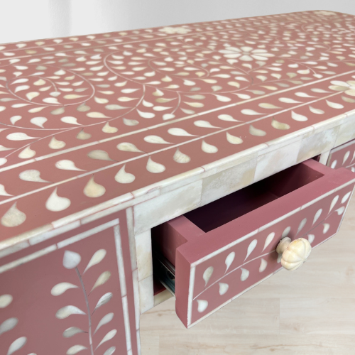 Bone Inlay 3 Drawer Desk : Fern : Dusty Pink