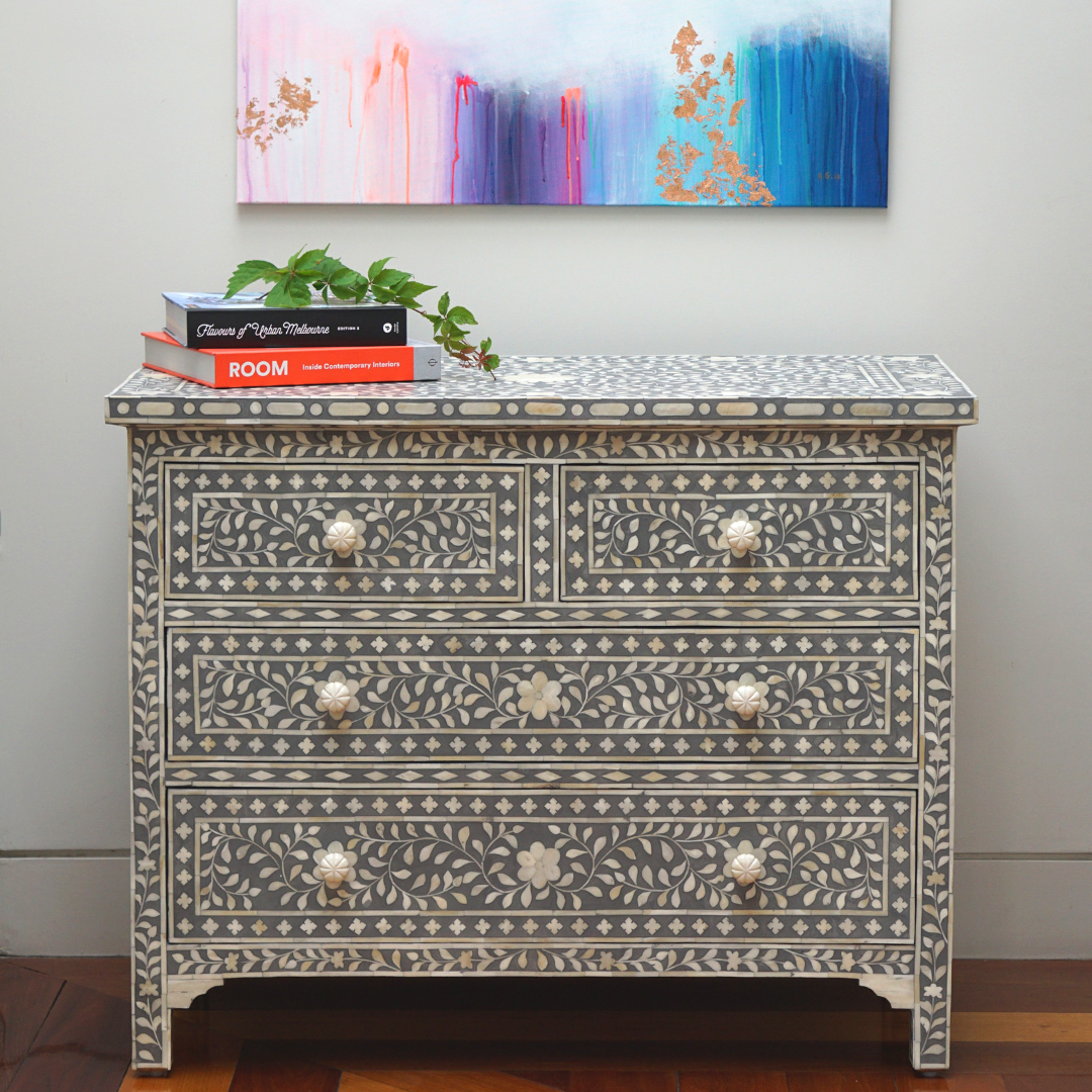 Bone Inlay 4 Drawer Chest : Floral : Grey