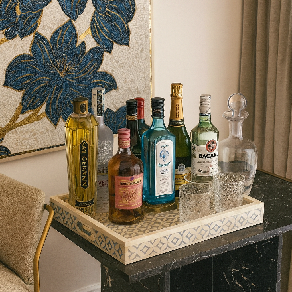 Tray with various bottles and glasses on a table with decorative wall art in the background