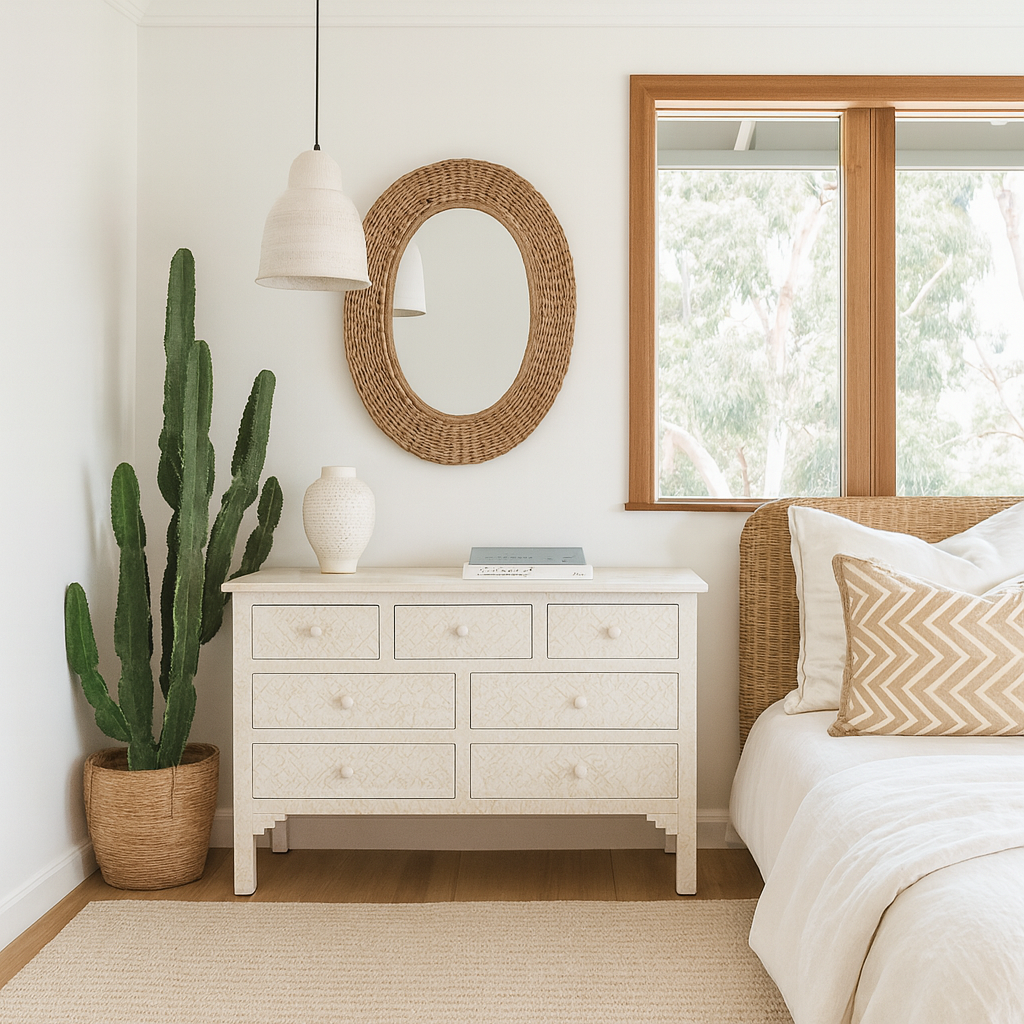 Modern bedroom with a dresser, mirror, and bed with decorative pillows.