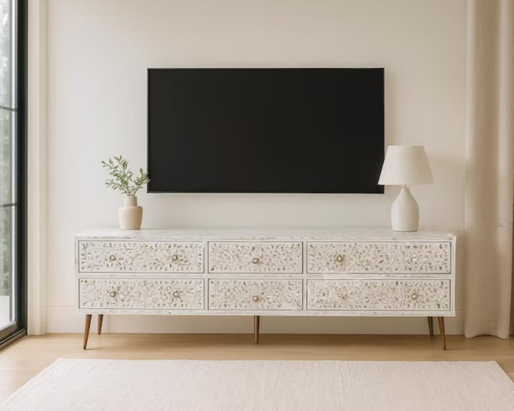 Mother of Pearl Inlay TV Sideboard : Liana : White