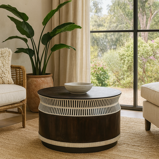 Bone Inlay Round Coffee Table : Charlston : Black