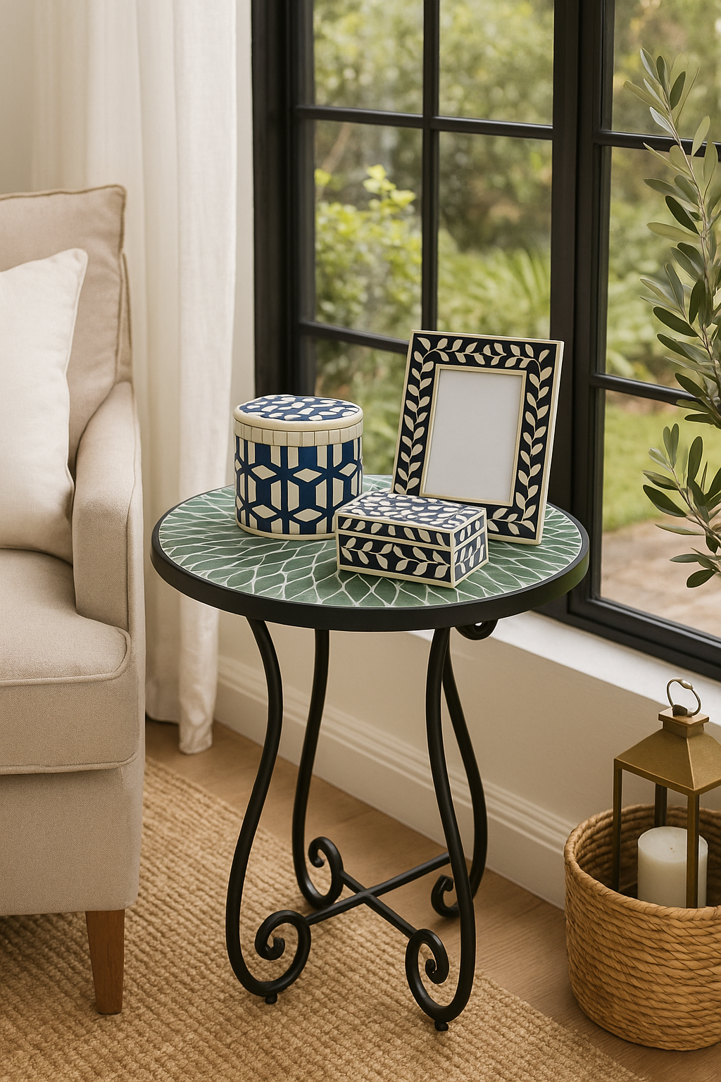 Small round table with decorative items in a living room setting