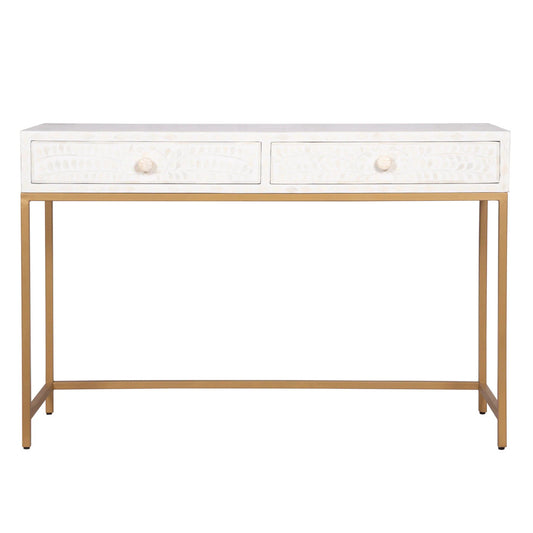 Bone Inlay Console with Brass Look Legs : Floral : White