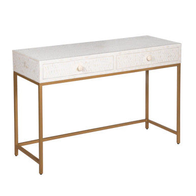 Bone Inlay Console with Brass Look Legs : Floral : White