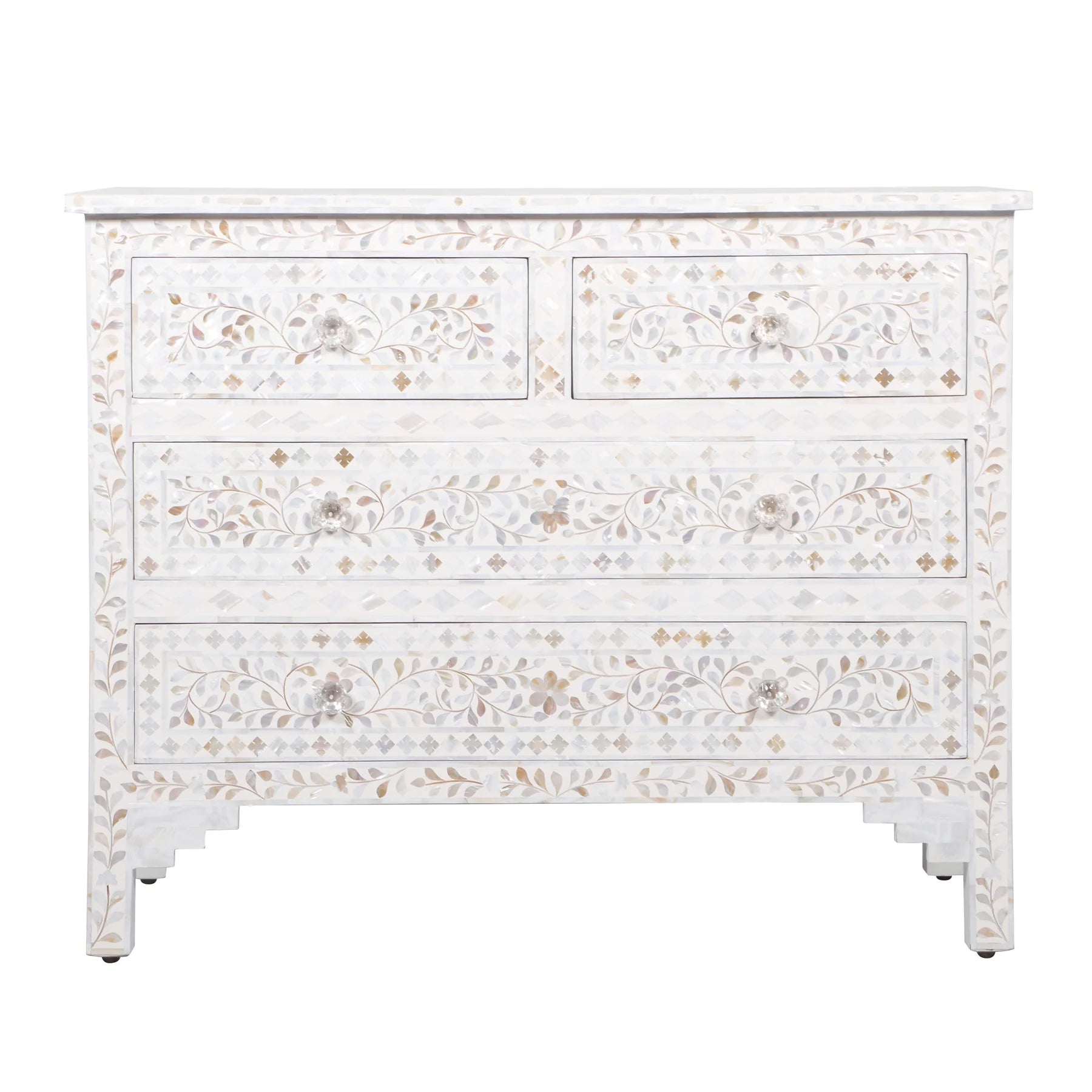 Mother of Pearl Inlay Bedroom Suite : Floral : White (1 Chest & 2 Bedsides)