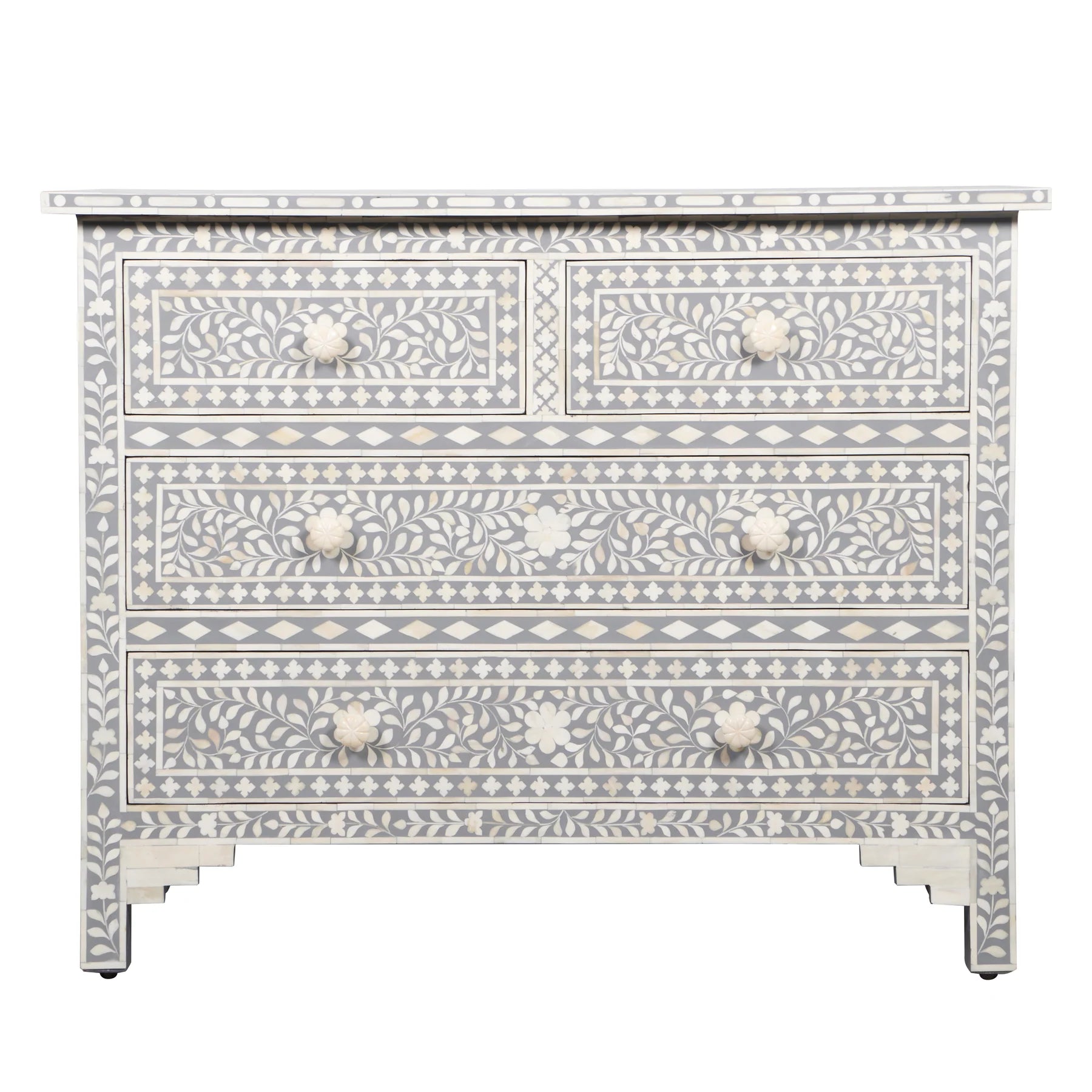 Bone Inlay Bedroom Suite : Floral : Grey (1 Chest & 2 Bedsides)