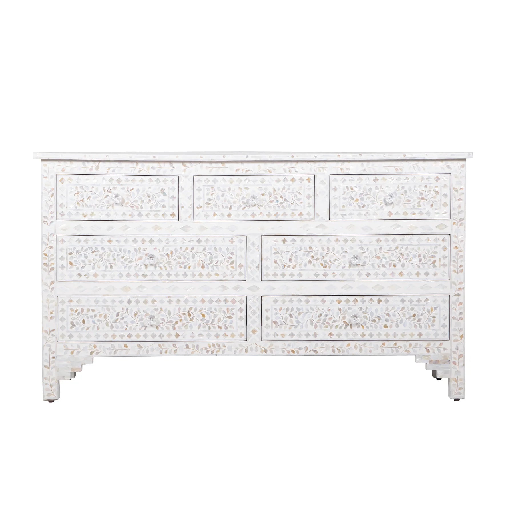 Mother of Pearl Inlay Bedroom Suite : Floral : White (1 Chest & 2 Bedsides)