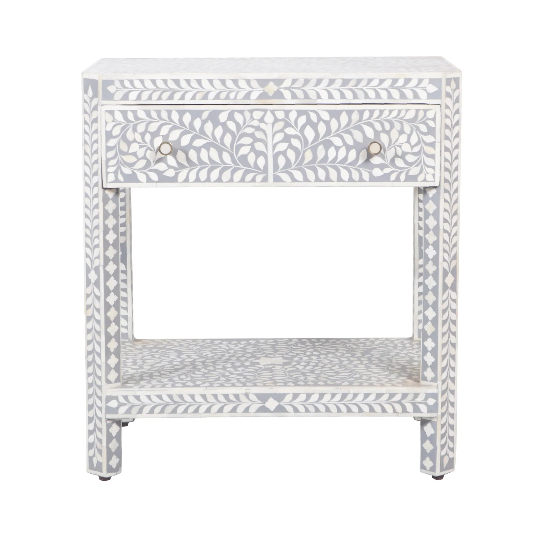 Bone Inlay 1 Drawer Bedside (with Undershelf) :  Floral : Grey