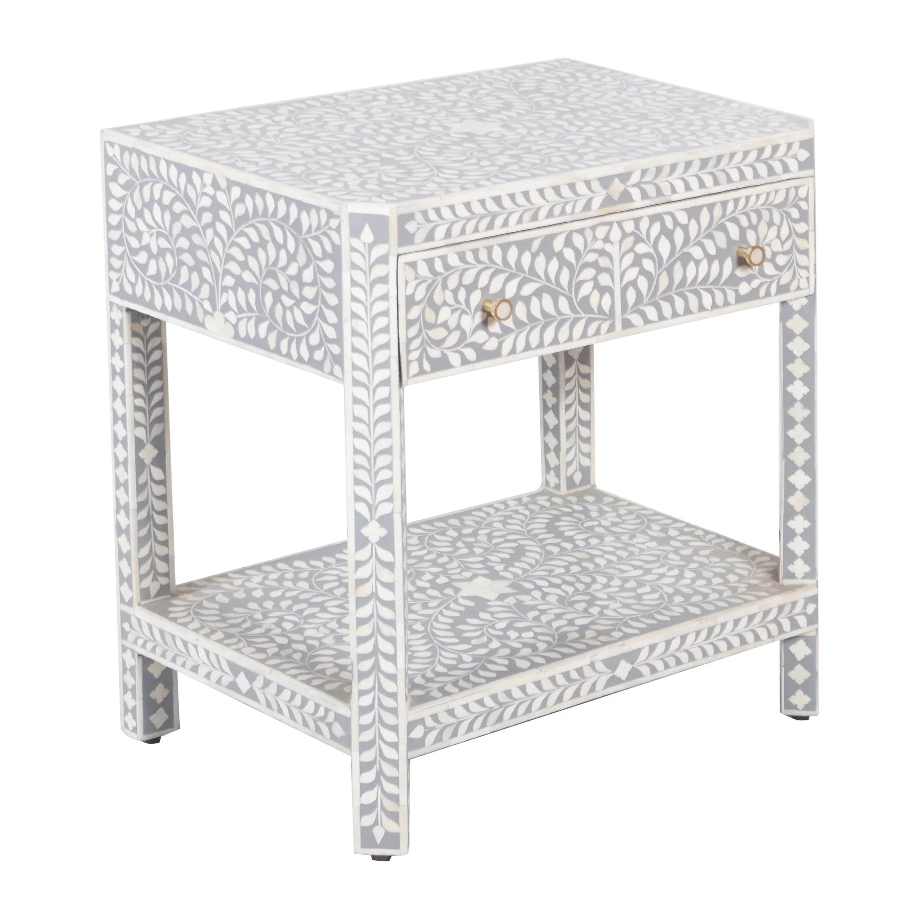 Bone Inlay Bedroom Suite : Floral : Grey (1 Chest & 2 Bedsides)