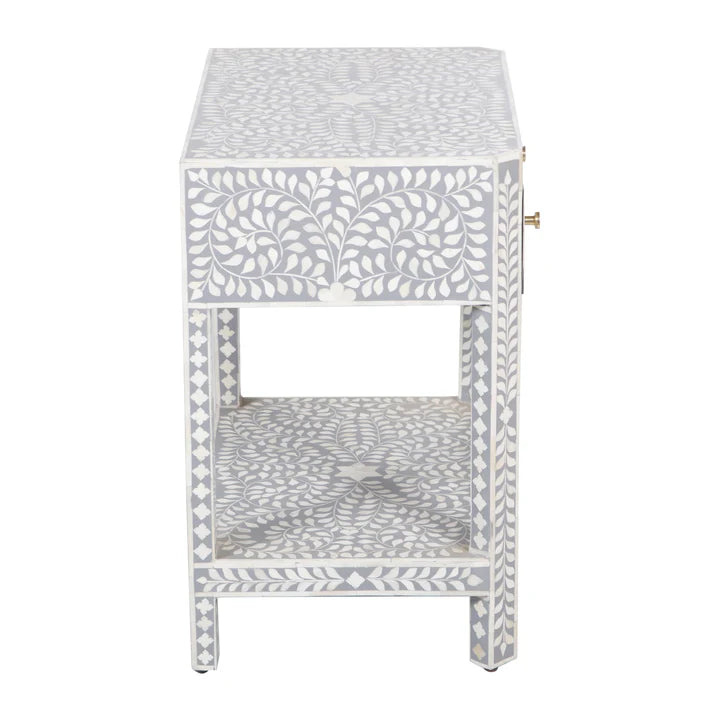 Bone Inlay 1 Drawer Bedside (with Undershelf) :  Floral : Grey