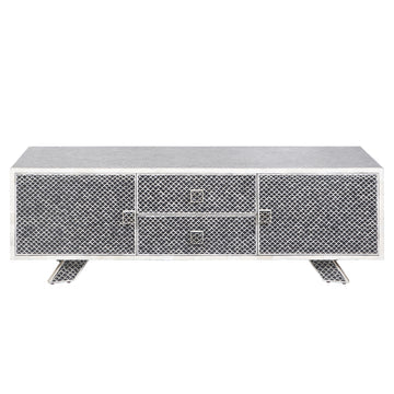Modern TV stand with mesh design on a white background