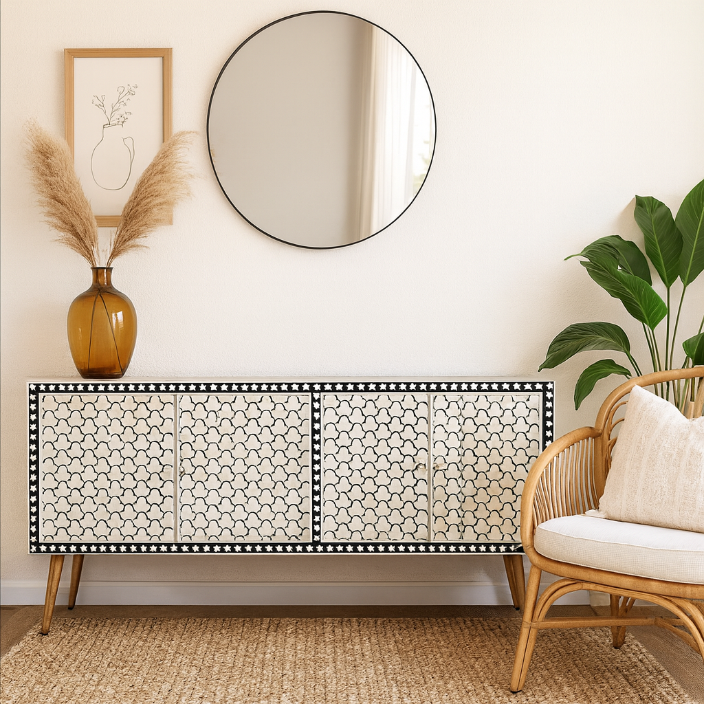 Decorative sideboard with a round mirror, vase, and plant in a room setting.