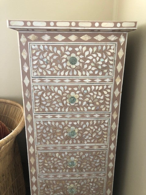 Mother of Pearl Inlay Tallboy : Floral : Blush Damaged & Somewhat Repaired