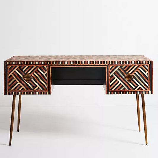 Wooden desk with geometric pattern on a white background