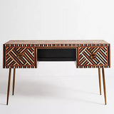 Wooden desk with geometric pattern on a white background
