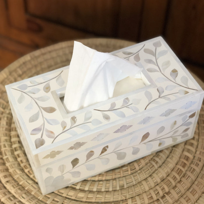 Mother of Pearl Inlay Tissue Holder : Floral : White