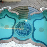 Decorative pool with geometric patterns on a tiled floor