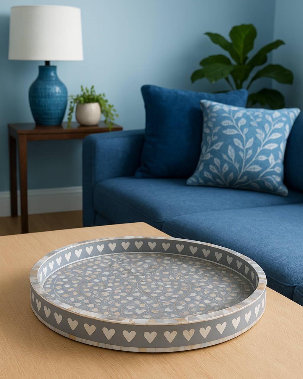 Mother of Pearl Inlay Round Tray : Heart : Grey