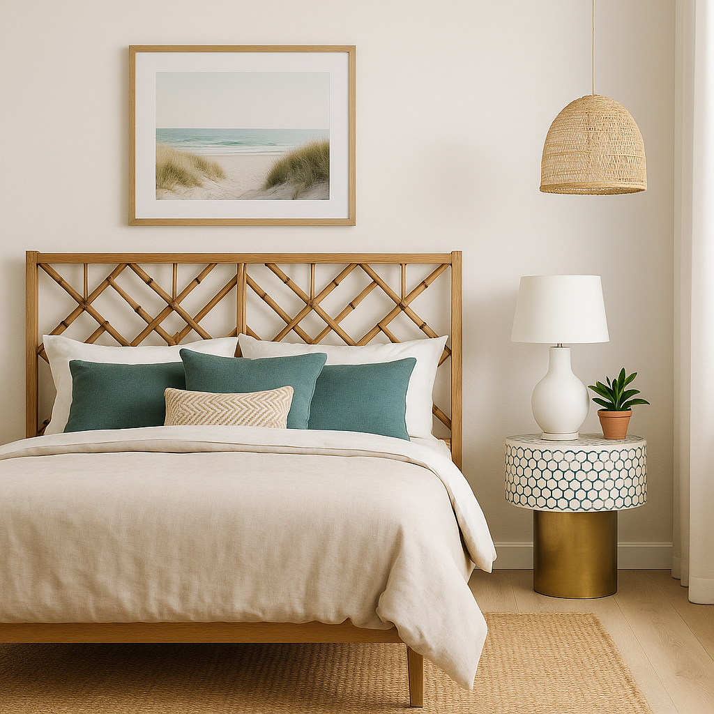 Bedroom with wooden lattice headboard, white bedding, and decorative pillows.