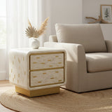 Bone Inlay 2 Drawer Bedside Table : Brickwork with Brass Accent : White