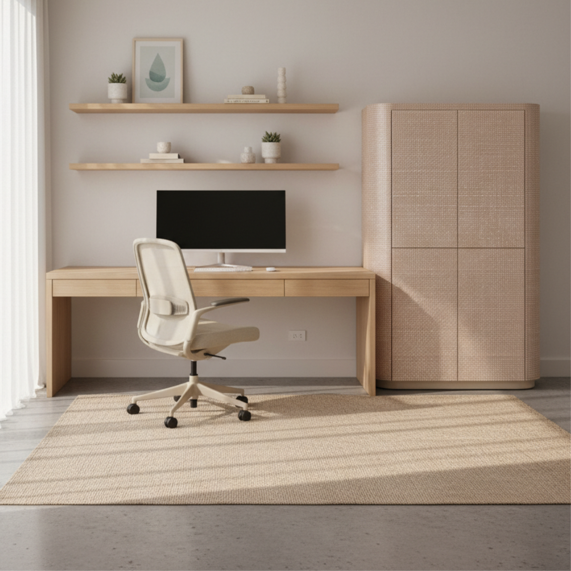 Modern home office with wooden desk, chair, and shelves.