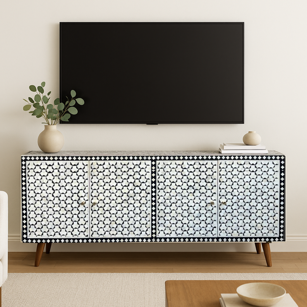 Living room with a decorative cabinet below a flat-screen TV